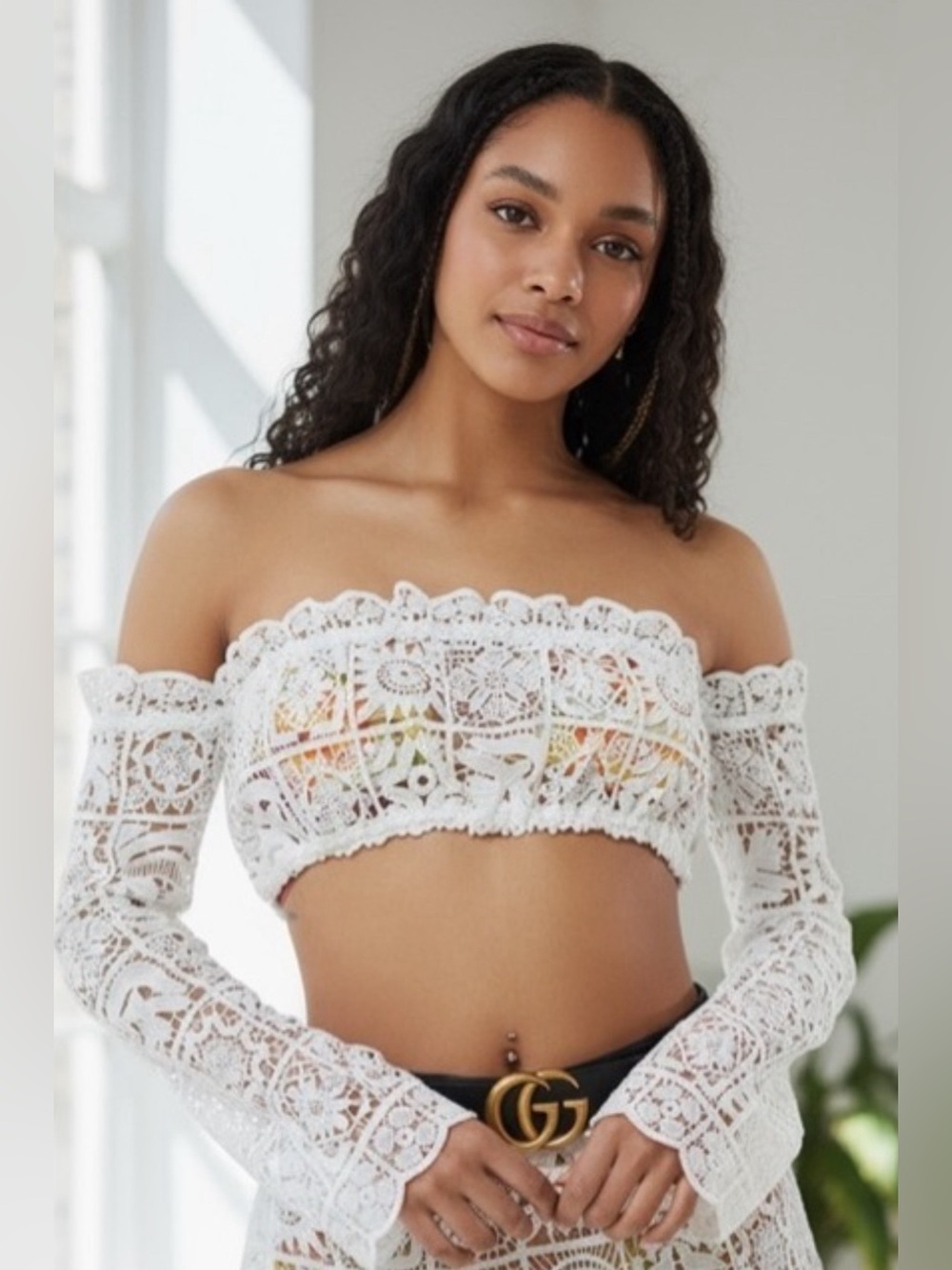 NWT Dolls Kill Sugar Thrillz Country Charm Crotchet Crop Top Long Sleeves